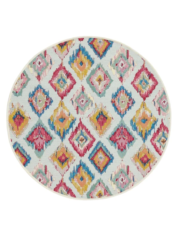 Kirra Ikat Binnen-/Buitenkleed Wasbaar Ø 100 Klein Lichtblauw/Multicolor Rond Vloerkleed