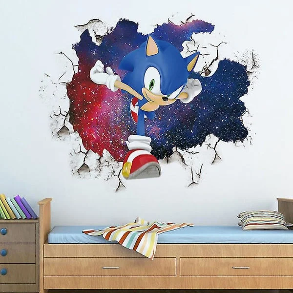 3D Sonic Väggdekorationer Barnrum Graffiti Dekoration 3D Trasig Vägg Tecknad Spel Tapet
