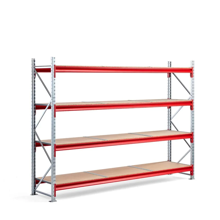 Lagerreol TOUGH grunseksjon, H2000 B2800 D600 mm – Kraftig stålreol med 4 trehyller - AJ Produkter