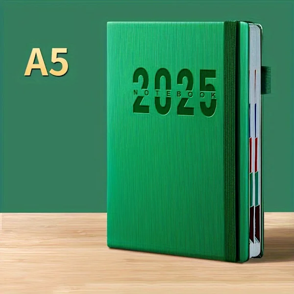 2025 Ny kalenderlogg Selvdisiplin Innsjekking Tidsstyring Én side per dag 365 dagers plan Kontor [DB] Grønn