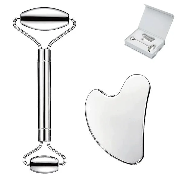 Gua Sha-set i rostfritt stål och ansiktsmassagerulle för ansikts-, ögon- och nackmassage, praktiska ansiktsmassageverktyg för kroppsvård