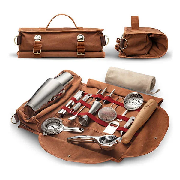 Bartender Kit Bag med Cocktail Shaker Sett - Vokset Lerret Reise Bar Verktøy Bag 17-delt Mixology Kit - Mobile Bartending Kits
