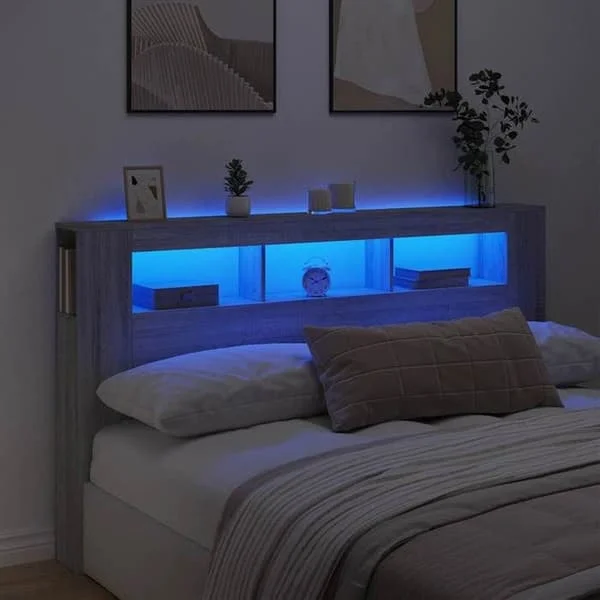 vidaXL LED-sänggavel, panel med förvaring, sängtillbehör, sänggavel för sängram i sovrummet, Sonoma Grey 837363
