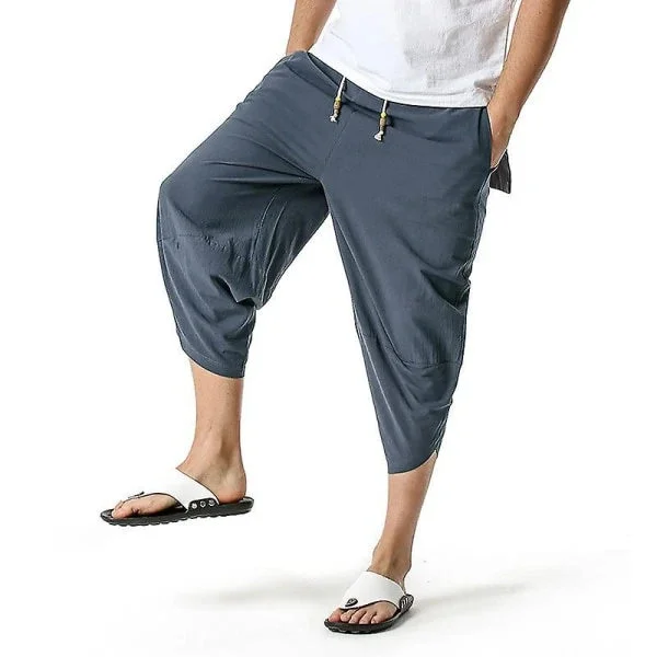 Mænd 3/4 Linned Shorts Bukser Sommer Casual Capri Løse Bukser Mørkegrå XL