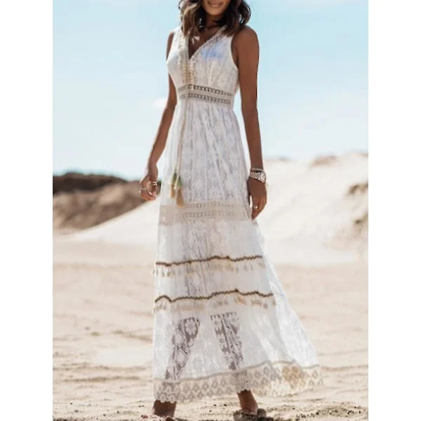 Sommer Boho Lange Kjoler Dame Blonder V-hals Spaghettistropp Kjole Damer Off Shoulder Strandkjole Hvit Kjole Vestidos De Mujer DHLYQ20 Hvit