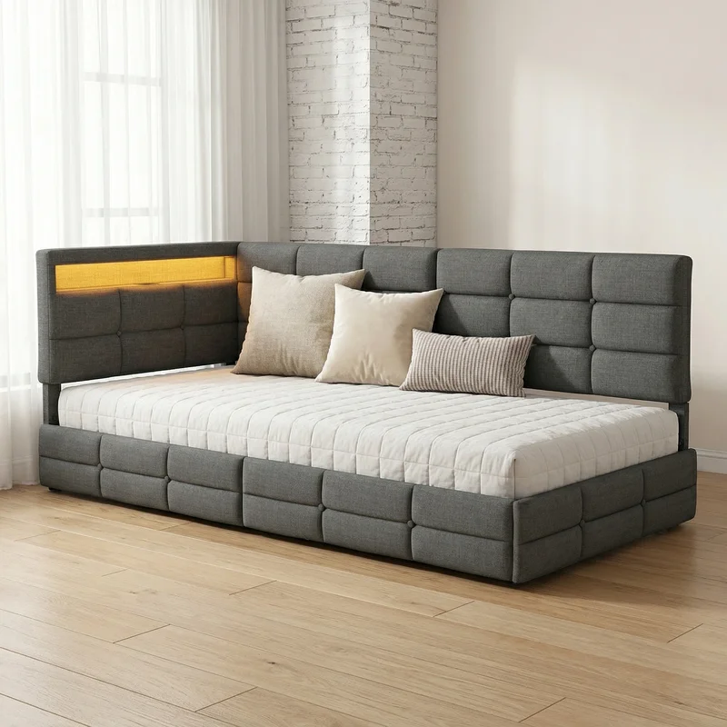 AliExpress - 90x200 cm gepolstertes Bett, Einzelbett mit 2 Schubladen, mit USB- und LED-Beleuchtung, ohne Matratze, ohne Wäscheaufbewahrung, Grau