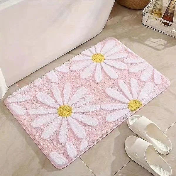 Søt Rosa Tusenfryd Baderomsmatte Sklisikker Vasket Badematte Hvit og Gul Blomst Badematte Myk Absorberende Badematte 40x60cm