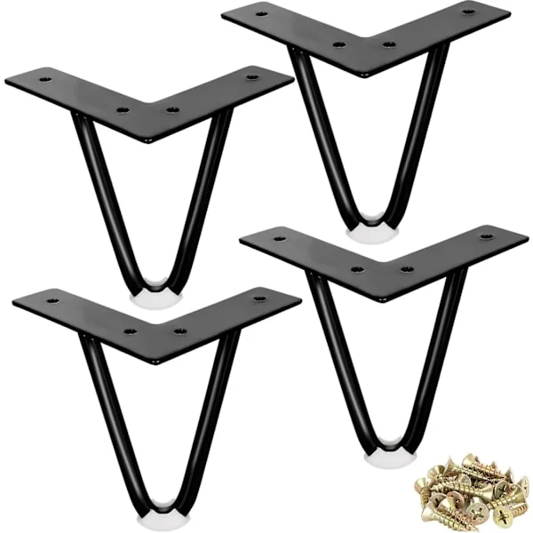 Sett med 4 kraftige metallben med hårnålsdesign, skruer og gummigulvbeskyttere for skap, garderobe, nattbord, skjenk, sofabord, 10 cm, svart