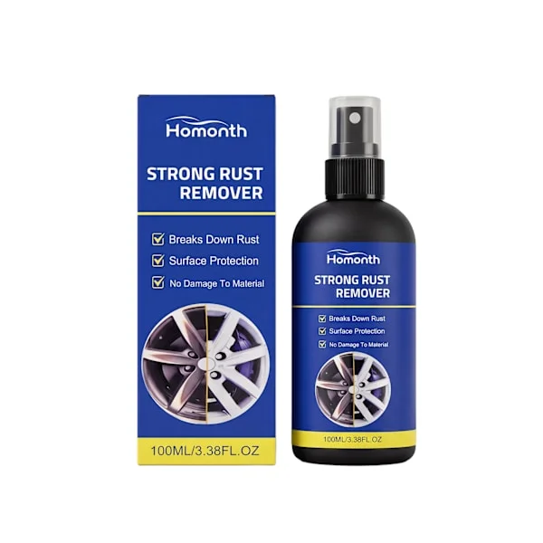 Rostborttagningsspray är skonsam och skadar inte ytor. Den rengör fälgar och tar bort rostfläckar.