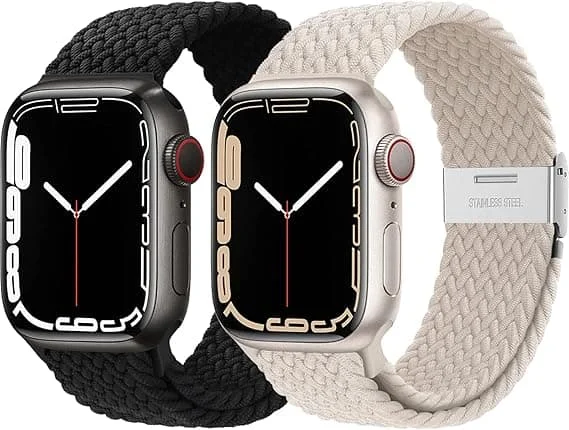 Two-piece elastic woven bracelet (black and beige, excluding watches), suitable for Apple Watch band 40mm 41mm 38mm women and men, suitable for