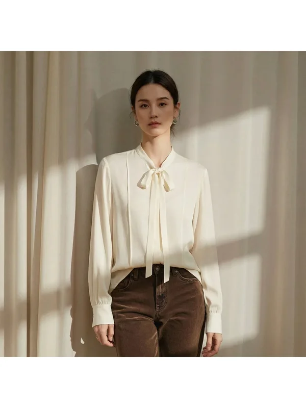 AliExpress - Frühlings-Neuheit: Hochwertige Maulbeerseide-Bluse für Damen mit Schleife, Französischer Stil, Langarm, Plissiert, Büro-Oberteil
