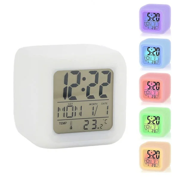 【DENGTU】LED Vækkeur Natbord 7 Farver Display Digital Ur Børn Vækkeur med Snooze Funktion Natlys Temperatur Tid Dato