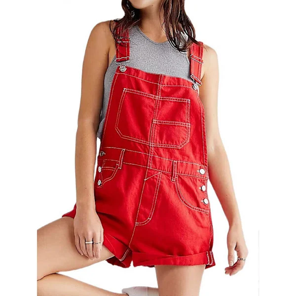 Jeansshorts Overall Dam Sommar Casual Lös Passform Justerbar Rompers Jeans Jumpsuit Bib Shortalls Röd XL