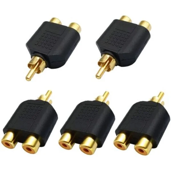 RCA Y-jakaja-adapteri, kullattu 1 RCA uros 2 RCA naaras, ääni-videoliitin, AV-ääni-videomuunnin (5 kpl)