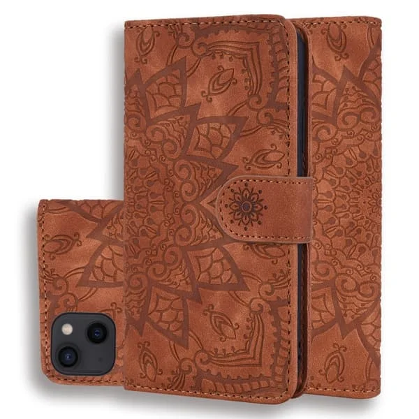 iPhone 16 Pro Max Mandala Pr präglat Dubbelvik Fodral Kalvskinn - Elegant och Skyddande Skal