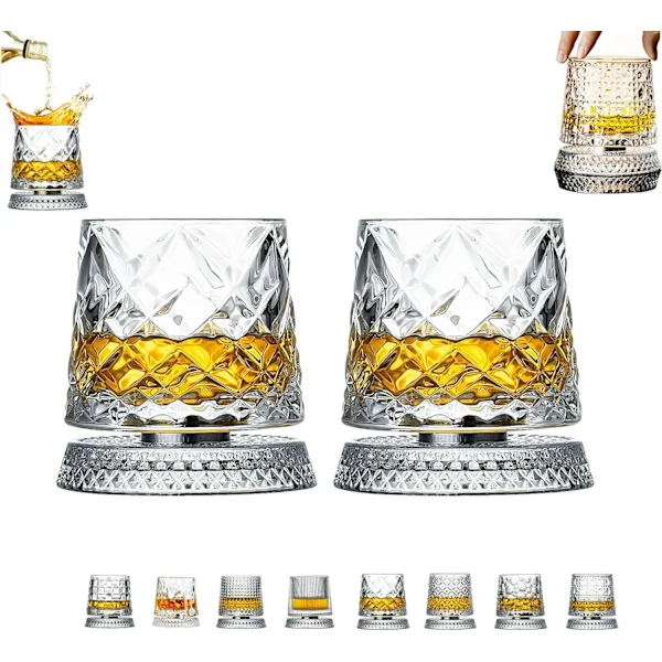360° roterande whiskyglas, unika snurrande old fashioned whiskyglas med bas, diamanttexturerat vinglas, för fester, barer (1 st)