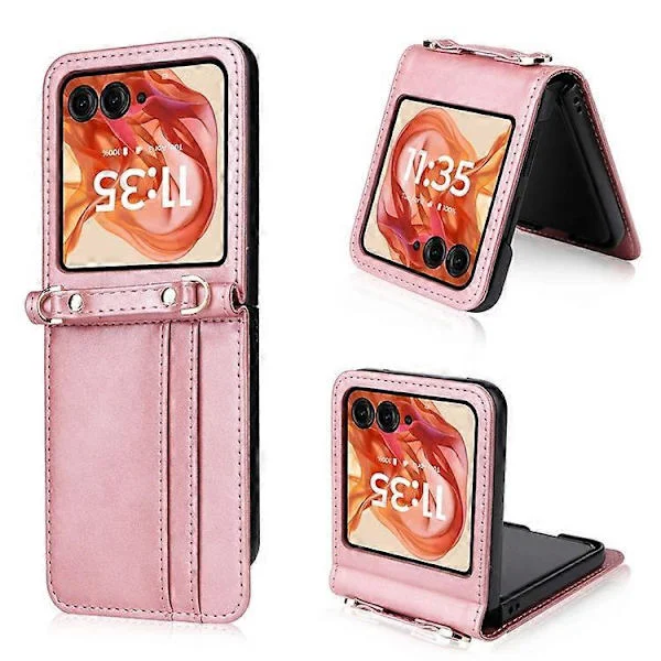 Compatible Case for Motorola Razr 50 5G / Razr 2024 5G with Card Slot, Leather Case with Lanyard [DB] Pink