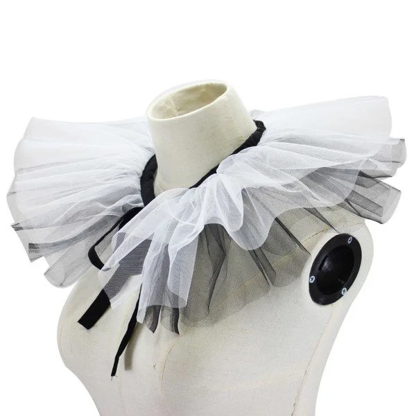 Kvinnors Renässans Tulle Ruffled Falsk Krage Lager Black White Mesh Clown Choker Lace Victorian Neck Ruff Shawl Cosplay Rekvisita