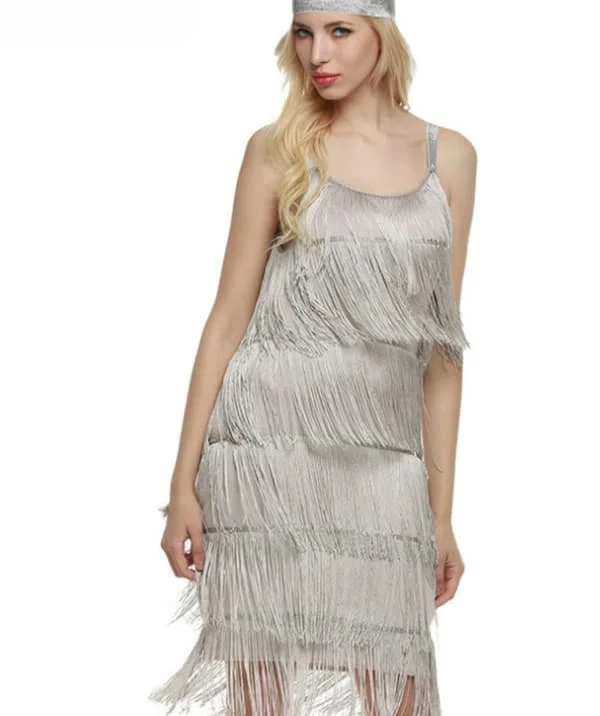 Great Gatsby Flapper-mekko 1920-luvun juhliin Vintage Tupsu Naisten Hapsulliset Mekot Harmaa-FF- Harmaa LLL
