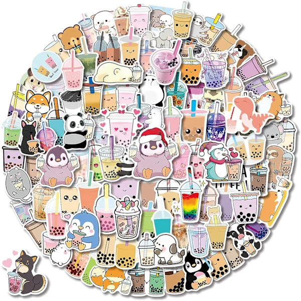 Boba-klistremerker 100 stk Kawaii Bubble Tea-klistremerker, drikkeklistremerker, søte vinyl-te-klistremerker, estetiske klistremerker, 