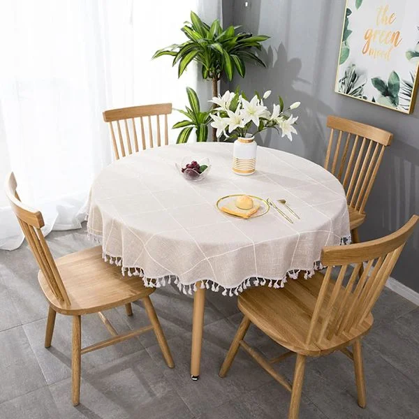 Rund duk Rund duk 140cm Vaskbar Flekkbestandig Duk Rund Lin Tassel Duk Fest Kveld Dekorasjon