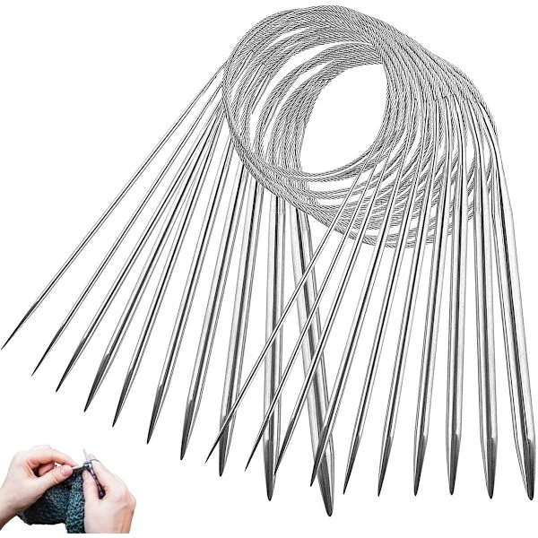 Rundpinnestsett - Metall rundpinner 80 cm - Strikkepinner for rundstrikking - Rustfritt stål - 10 stk - For gensere, skjerf, tepper eller store 
