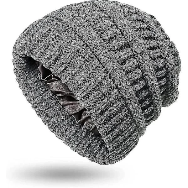Dame Vinter Varm Strikket Hue Satin Silke Foret Kabelstrikket Beanie Chunky Slouchy
