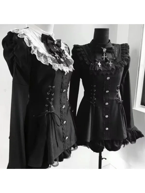 AliExpress - Y2k Ästhetisches Lolita-Stil Schleife Kleid Shorts Set Japanische Frauen Gothic Spitze Flare Ärmel Knopf Hemd Kleid Punk Party Minikleid