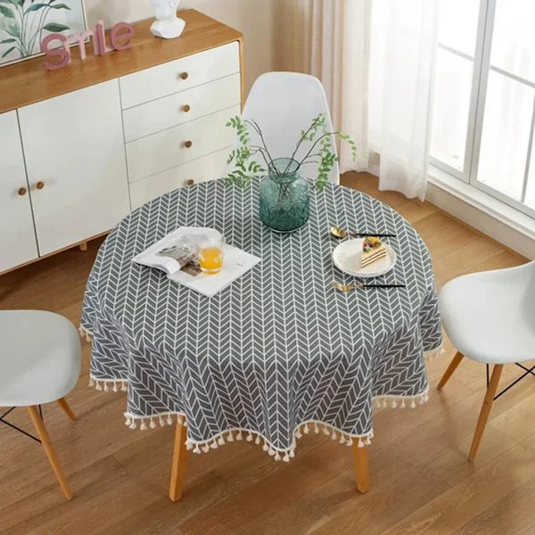 120 cm Tassel Tablecloth, Round Polyester Cotton Tablecloth, for Dining Table, Coffee Table, Garden Table (Grey Arrow Pattern)