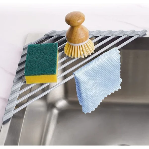 Small Triangular Foldable Dish Drying Rack with Silicone Coating, Stainless Steel Frame for Sink Corner, Multifunctional Drainer (Grey)