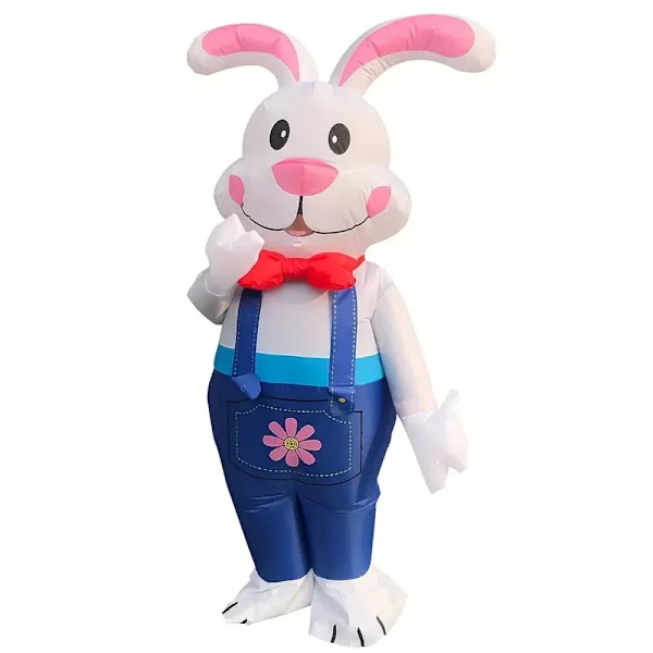 Oppustelig påskekaninkostume - Hvid med pink ører, rød butterfly, blå overalls & blomsterlomme, perfekt til fester, fødselsdage og festivaler, Wal