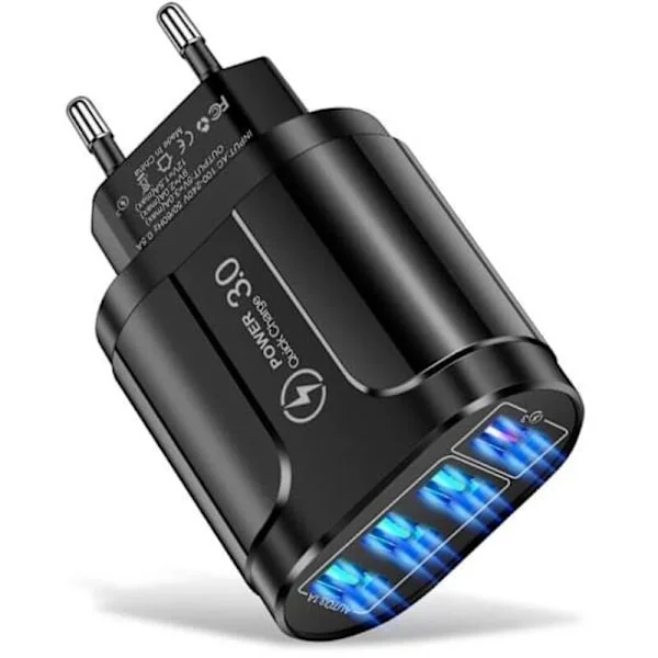 QC 3.0 Hurtiglader med 4 USB-porter 45W Kompatibel med iPhone 15/14 Samsung, Xiaomi og andre telefoner, Europeisk standard 4-ports adapter