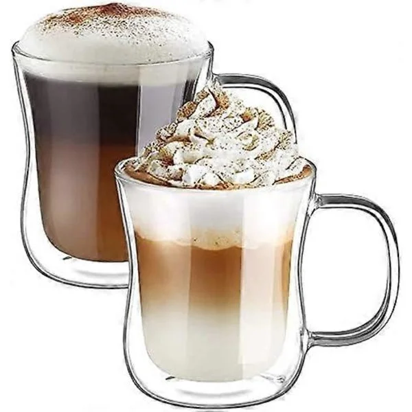 2x350ml Kaksiseinäiset kahvilasit Mukit Cappuccino Latte Macchiato Lasit Kupit Kahvalla Kestävät lasikupit kahville teelle