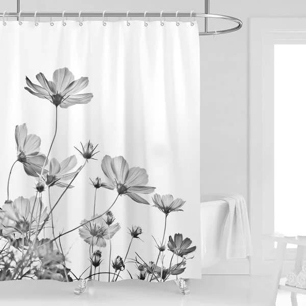 (180*200CM) 1 st Svart och grå blommigt duschdraperi, tryckt vattentätt duschdraperi