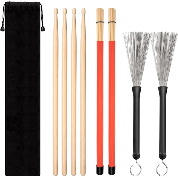 Classic Drum Set, 4 Pairs Maple Drum Sticks, Wire Brush and Rod Drumsticks with Storage Bag