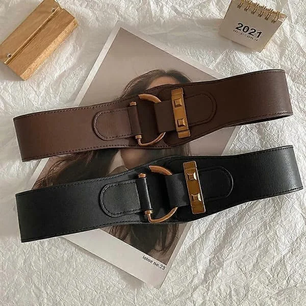 2 stk. Dame Elastiske Bælter i Ægte Læder til Kjole, Vintage Bredt Strækbart Korset Snørebælte Elegant Taljebånd, sort, brun