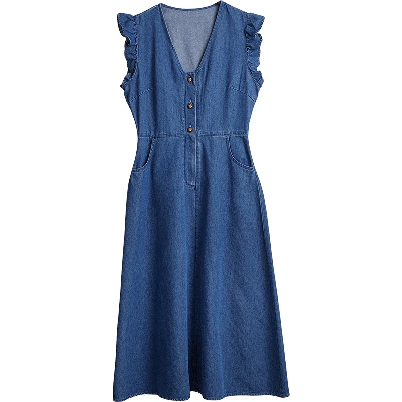 AliExpress - OLrain Damen-Jeanskleid, Blau, V-Ausschnitt, Tailliert, Flügelärmel, Midikleid, Sommer 2026, Neu, Französischer Retro-Klassiker, Kleidung