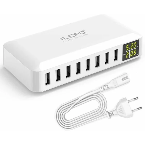 5V 8A 8-Port USB Charger with LCD Display, Smart Charging Station, Multi-Port USB Socket Compatible with iPhone XS XR SE