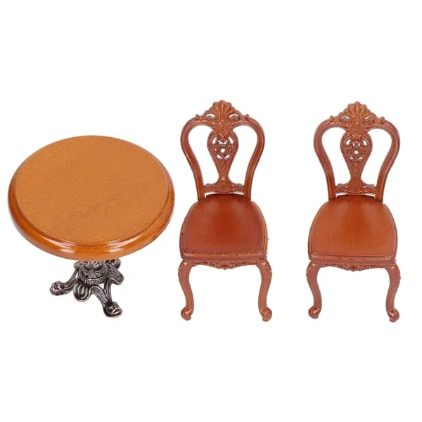 Dukkehus Spisebord Stol Sæt Mini Størrelse Nostalgisk Birk Legering Legetøjsbord Stol Model til Legehus 1/12