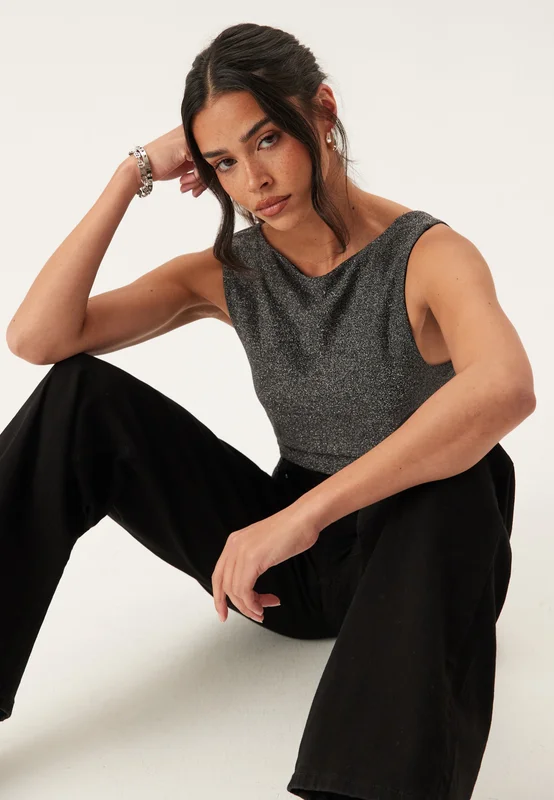 ONLY - Onlea Glitter S/L 2-WAYS TOP - Black Detail:Silver glitter