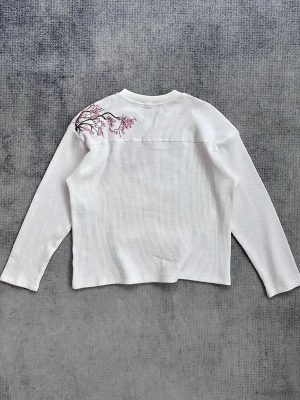 AliExpress - Deeptown Weiße Kirschblüten-Stickerei für Herren und Damen, langärmelig, übergroße Waffel-T-Shirts, Basic, Harajuku, lässige Streetwear