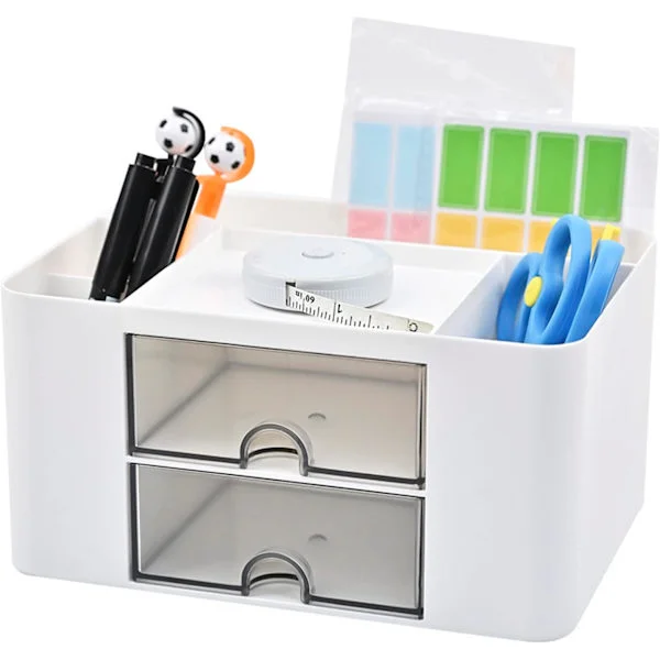 Desktop Organizer with Drawer, Pen Holder, White Drawers, 7 Compartment Desk Organizer, Multifunctional Desktop Storage Box, White