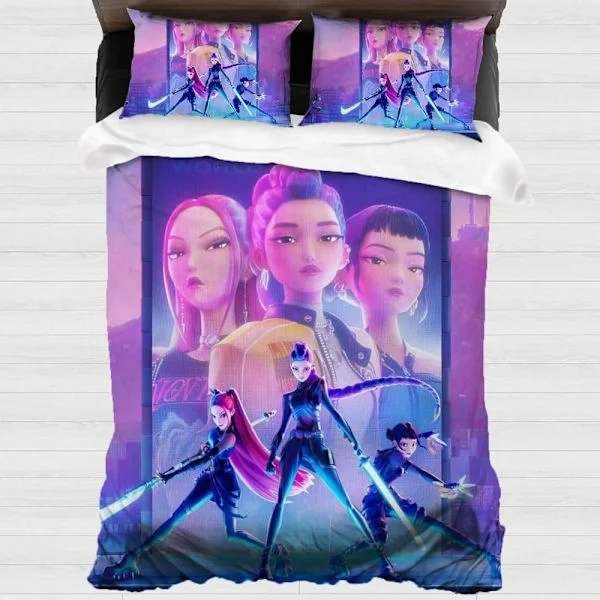 Anime Demon Hunter Bedding, Bedroom Decoration for Kids Girls Single Duvet Cover and Pillowcase (135*200cm Three-Piece Set)-FX-