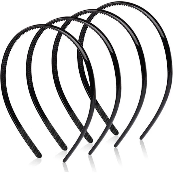 4 stk. Plastik Hårbånd, Sorte Hårbånd Tynde Tænder Slanke Hårbånd, Bløde Anti-Glid Hårbånd til Mænd Kvinder Piger (8 mm Bred)