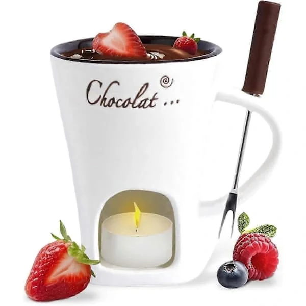 Chocolate Fondue Mug Coffee Cup Chocolate Melting Mug with Fork Fondue Set Warmer Mug Candy Hot Pot-FA- white