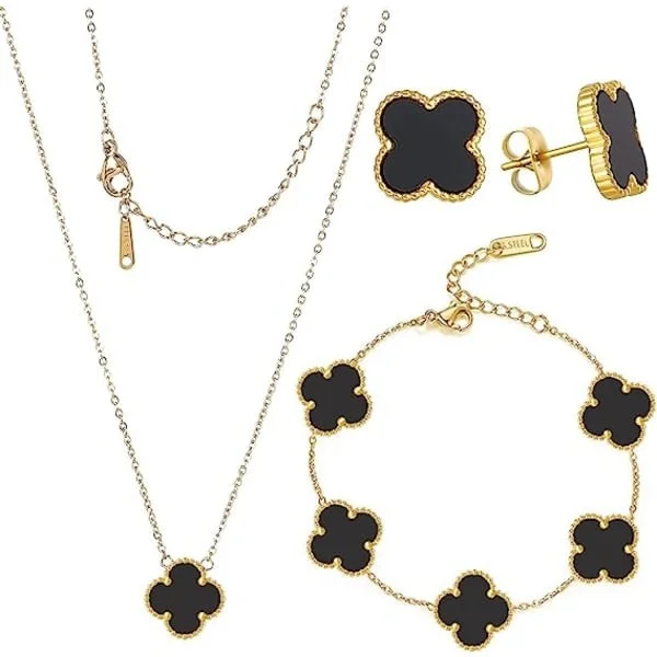 Lyckoklöver Set Halsband Hänge Örhängen Armband för Kvinnor Flickor 19k Guldpläterad Berlock Söta Smycken Dam Flickor Present