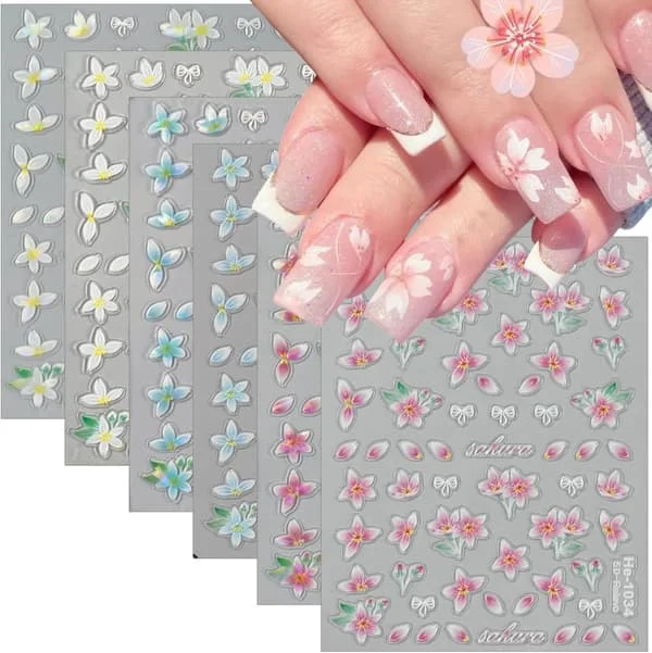Blomster Neglekunst Klistermærker Dekaler Forår Relief Lily Blomster Negle Dekaler Pink Hvid Blå Selvklæbende Design Blomster Negle Klistermærker 5D 