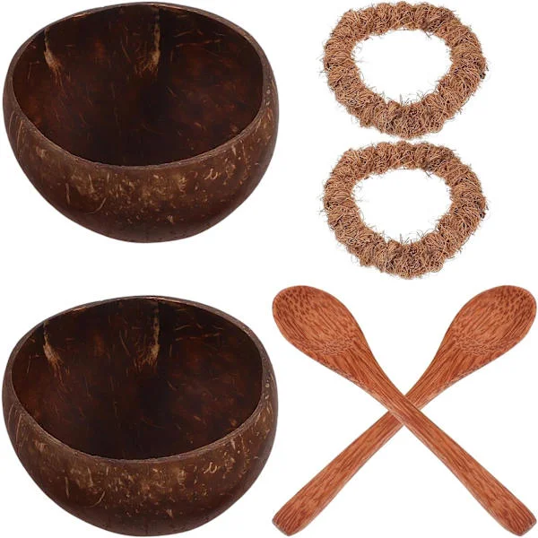 Kokosnøttskålsett med treskjeer og puter, 4 stk. store serveringsskåler for salat og frukt til kjøkkenfestbruk -