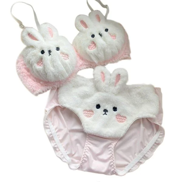 Dame 2-delt pels-BH og trusesett Store øyne Bjørn Plysj BH Undertøy Tegneserie Anime Undertøy Tegneserie Bikini Sett Melk kanindrakt