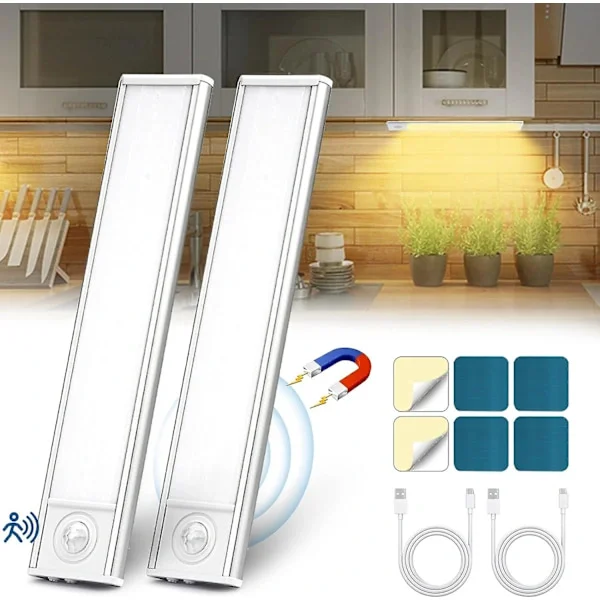 LED Kitchen Lighting, Wireless USB Rechargeable Wardrobe Light, 6000K LED Under Cabinet Lighting, Magnetic Dimmable with Motion Sensor (20cm * 2-pack)